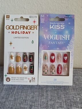 2pk Kiss Goldfinger Christmas Holiday Nails Medium Length Glue On Gingerbread